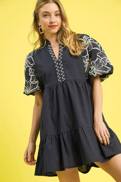 Tiered Embroidered Puff Sleeve Mini Dress in Dark Gray - product view 1