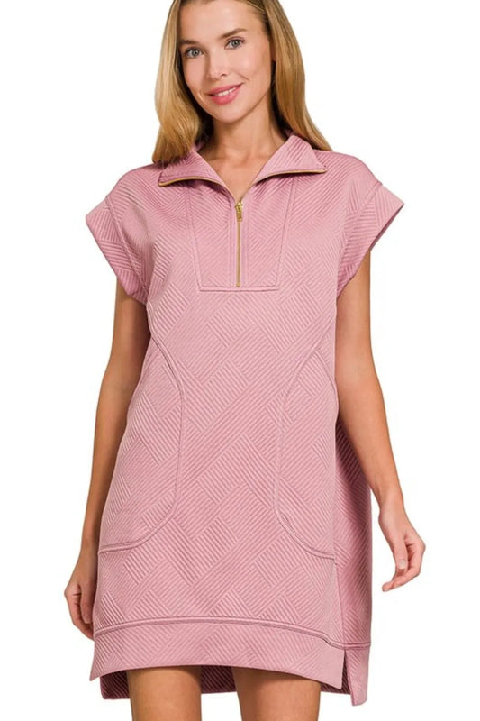 Textured Knit Jacquard Quarter Zipper Mini Dress - Lt Rose - product view 1
