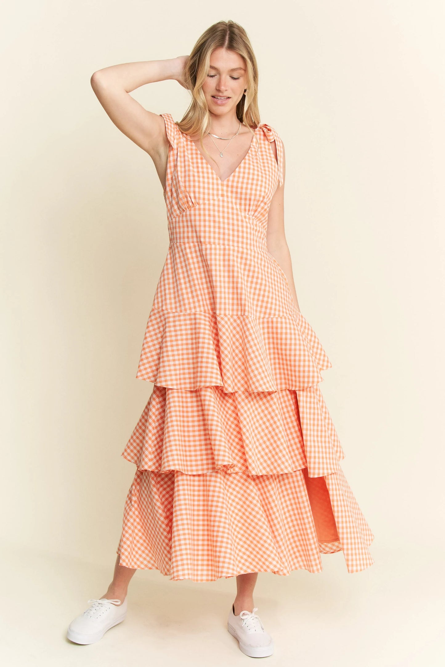 Sleeveless Gingham Print Tiered Midi Dress in Orange - product view 14