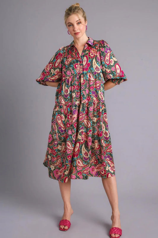 Full Size Paisley Print Satin Tiered Midi Dress Plus Size in Tealgreen - product view 1