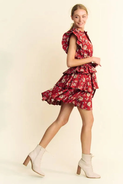 Ruffle Flutter Sleeve Tie Belt Tiered Mini Dress in Orange Rust - product view 9