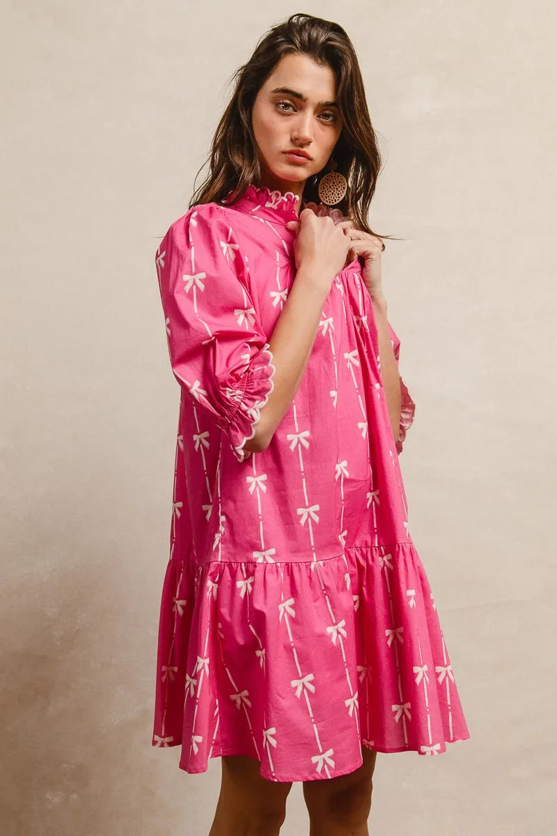 Ribbon Patterns With Scallops Edge Details Short Sleeve Dress in Fuchsia - product view 12