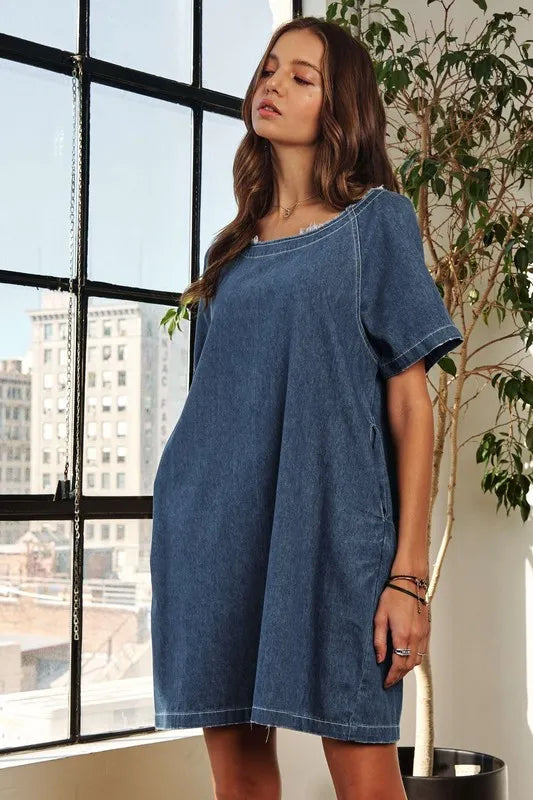 Raw Hem Mini Denim Dress with Pockets in Dark - product view 4