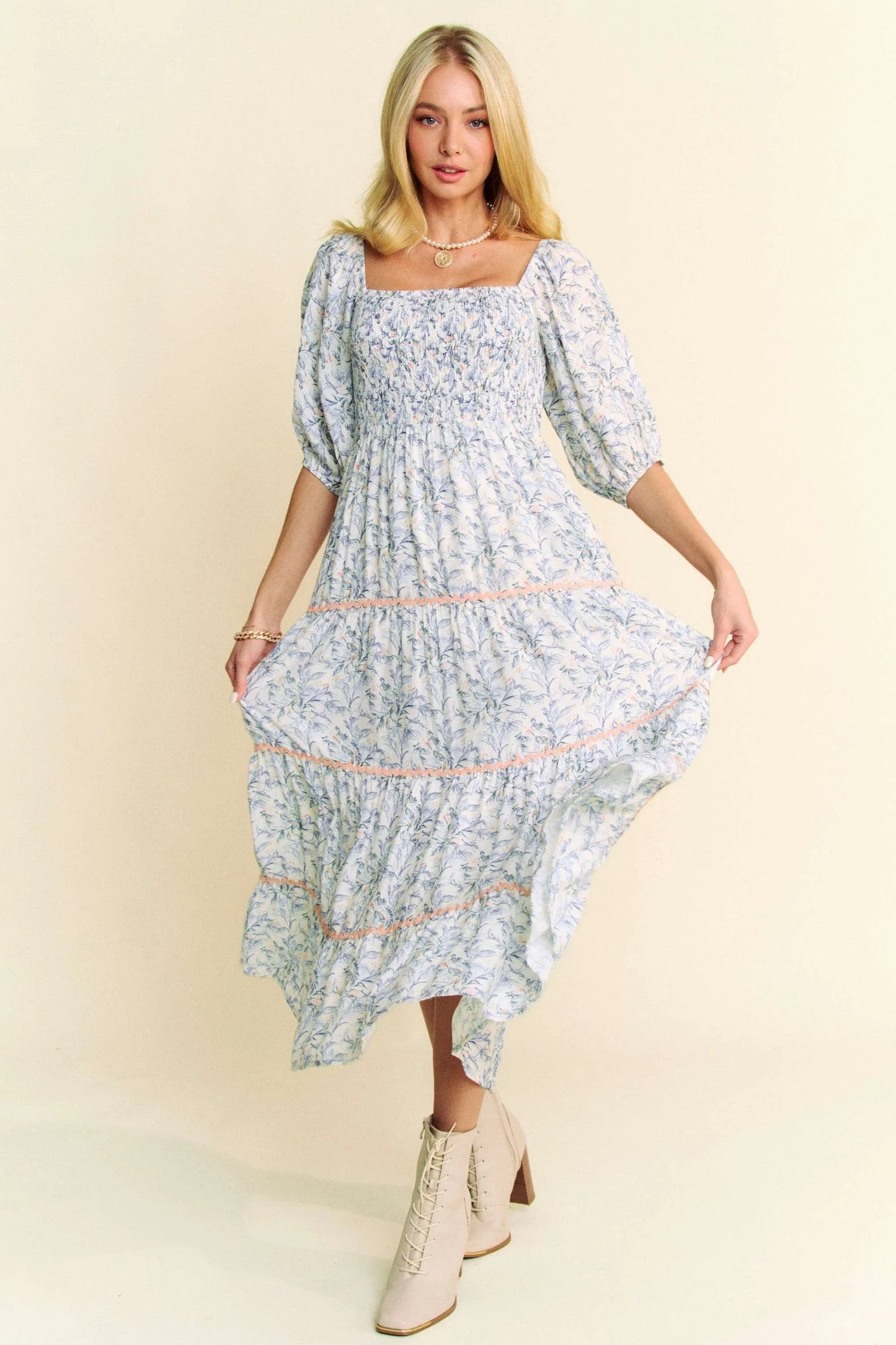 Contrast Ric Smocking Bodice Tiered Midi Dress in Blue - product view 1