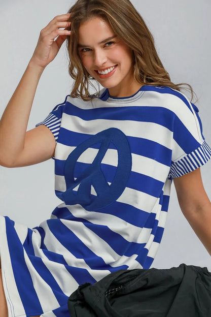 Peace Applique Striped Short Sleeve Mini Dress - Royal Blue - product view 4