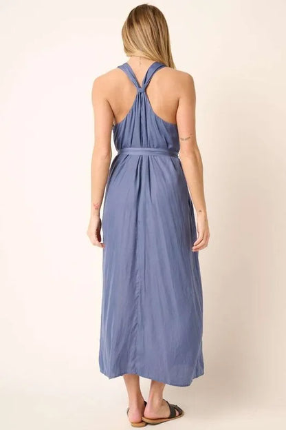 Cross Back Belted V Neck Tank Maxi Dress in Dusty Blue - product view 2