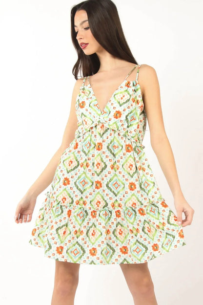 Floral Back Smocked Ruffled Mini Dress in Green Multi - product view 1