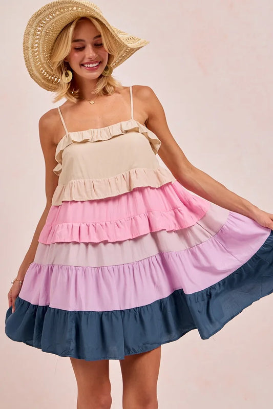 Color Blocked Tiered Dress - Cream/Pink/Lilc/Teal - product view 1
