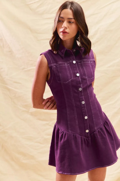 Button Down Sleeveless Collared Game Day Mini Dress - Purple - product view 1