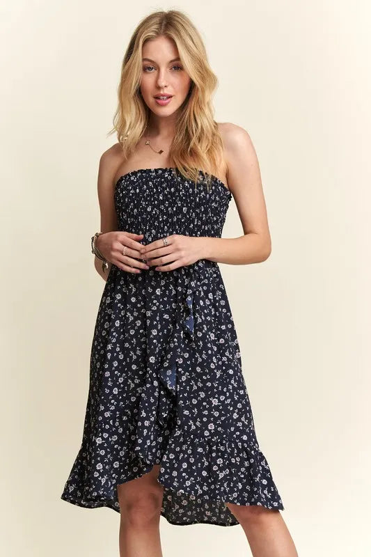 Smocked Floral Tube Dress with Pockets in Navy - product view 3