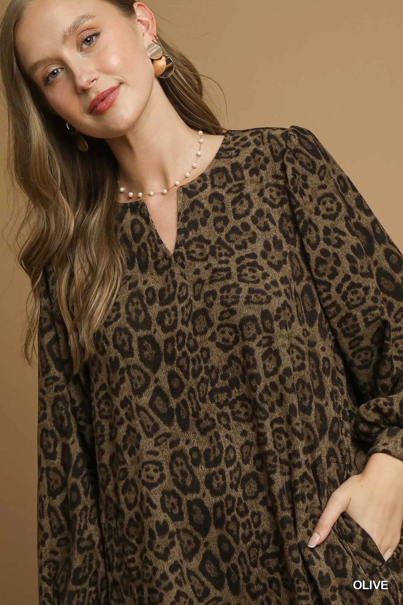 Leopard Print Long Sleeve Swing Dress in Olive - product view 6