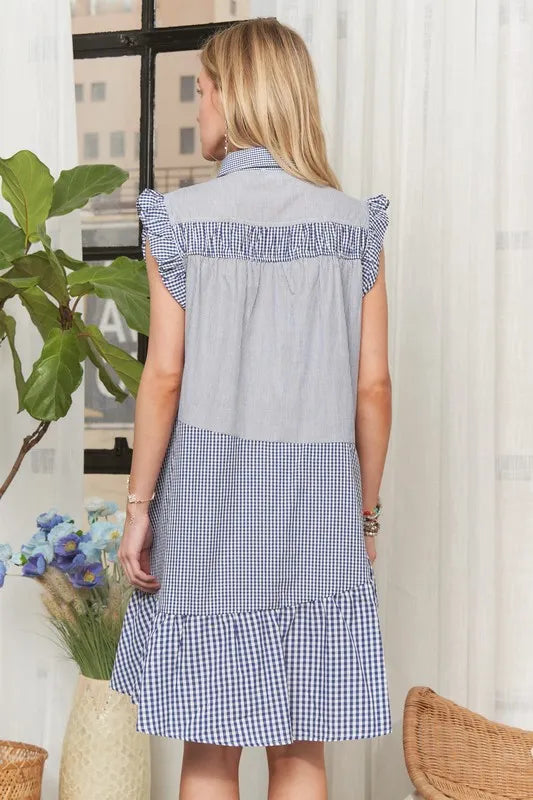 Button Down Textured Babydoll Dress in Blue - product view 6