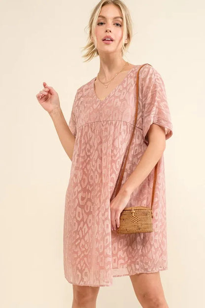 Woven Leopard Baby Doll Roll-Sleeve Casual Dress - Mauve - product view 6