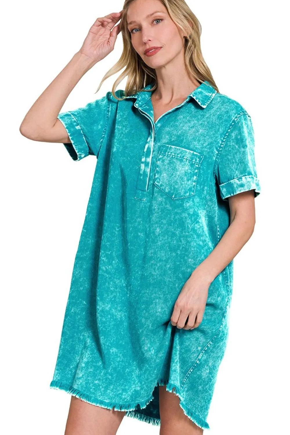 Tencel Mineral Washed Collared Shirts Dress - Lt Teal - product view 2