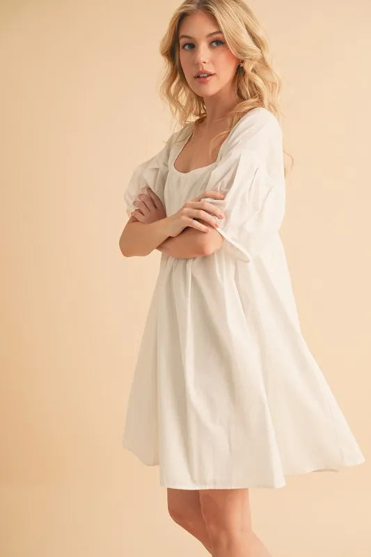 Square Neck Babydoll Dress with Pockets - White - product view 11
