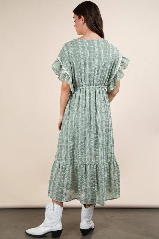 Embroidered Boho Ruffled Midi Dress - Sage - product view 7