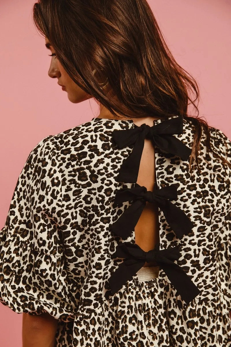 Leopard Denim Dress With Back Contrast Tie Detail in Off White Leopard - product view 10