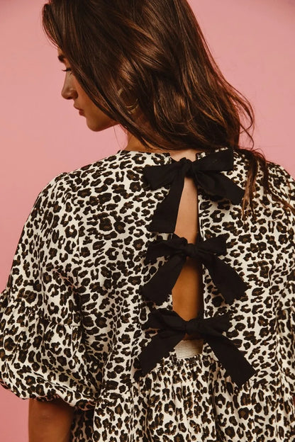 Leopard Denim Dress With Back Contrast Tie Detail in Off White Leopard - product view 10