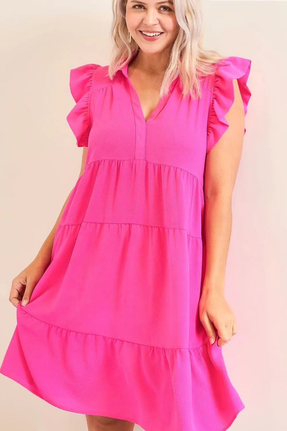 Full Size Johnny Collar Ruffle Cap Sleeve Tiered Dress Plus Size - Hot Pink - Umgee USA - Style 41744 - product view 3