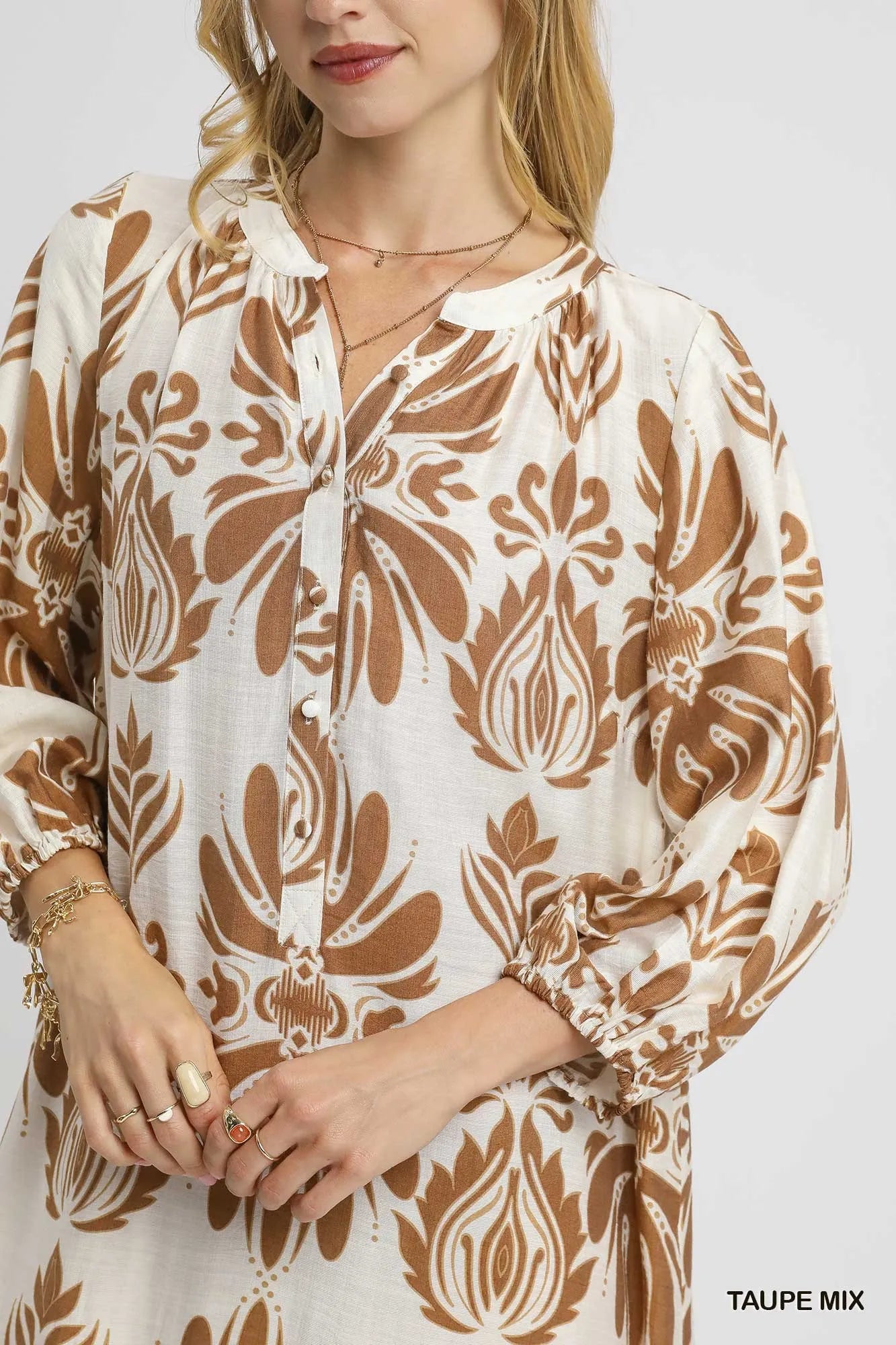 Mix Abstract Floral Print Midi Dress - Taupe Mix - product view 5