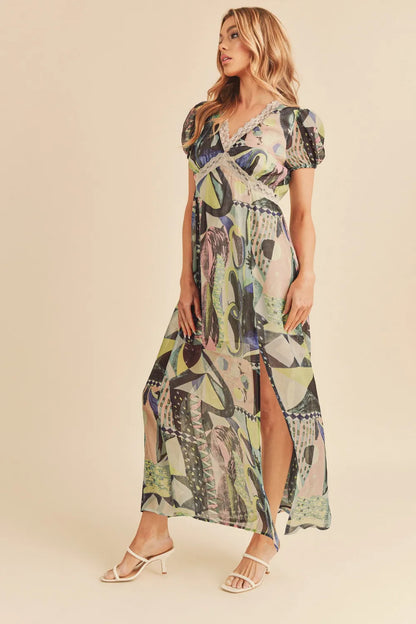 Lace Detail Slit Geometric Print Short Sleeve Maxi Dress in Green - product view 4