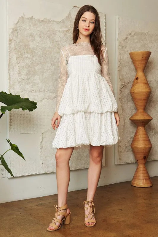 Checker Print Side Pockets Textured Mini Dress in White - product view 8