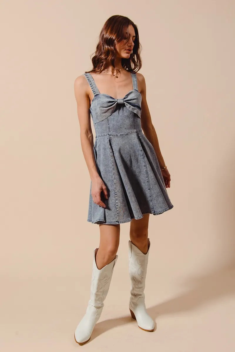 Mineral Washed Bow Ribbon Denim Flare Dress - product view 13