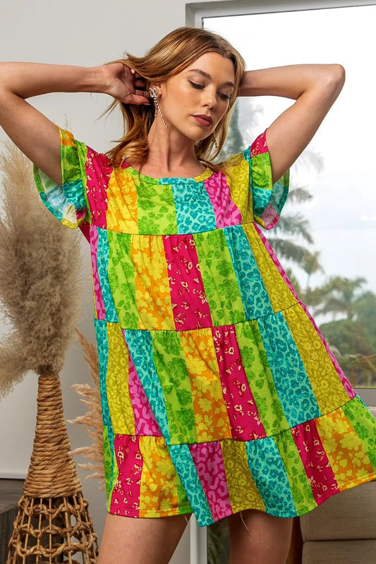 Leopard Short Sleeve Tiered Dress - Fuchsia/Neon Green - product view 1