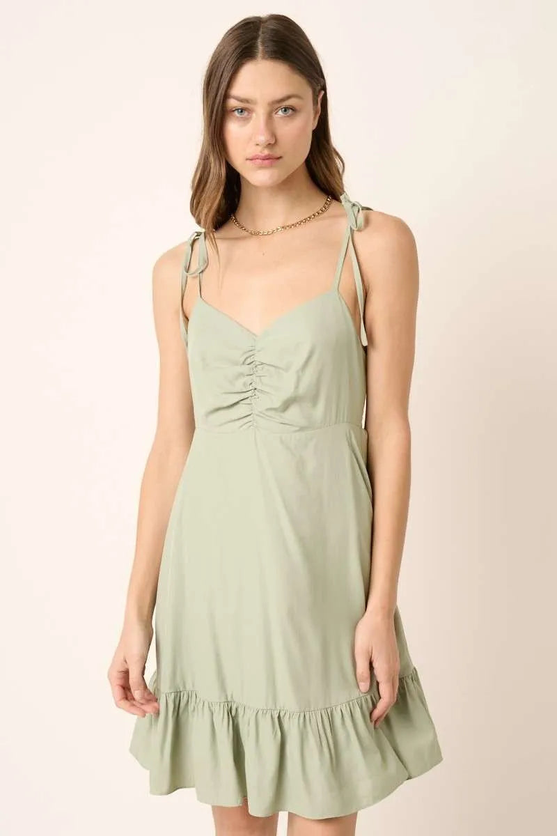 Ruched Detail Spaghetti Tie Mini Dress - Sage - product view 1