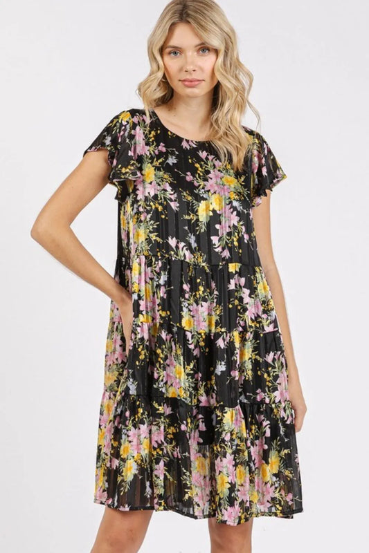 Flower Print Round Neck Flutter Sleeve Tiered Dress in Black - product view 2