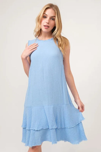 Washed Fringe Detail Tiered Dress in Baby Blue - product view 5