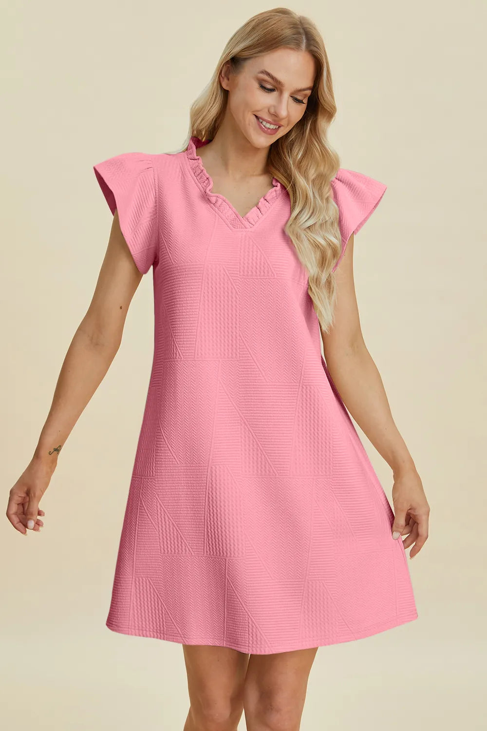 Full Size Ruffled V-Neck Cap Sleeve Dress in Dark Green, Black and more - product view 24