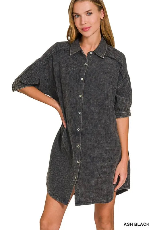 Washed Double Gauze Button Down Shirt Dress - Ash Black - product view 1