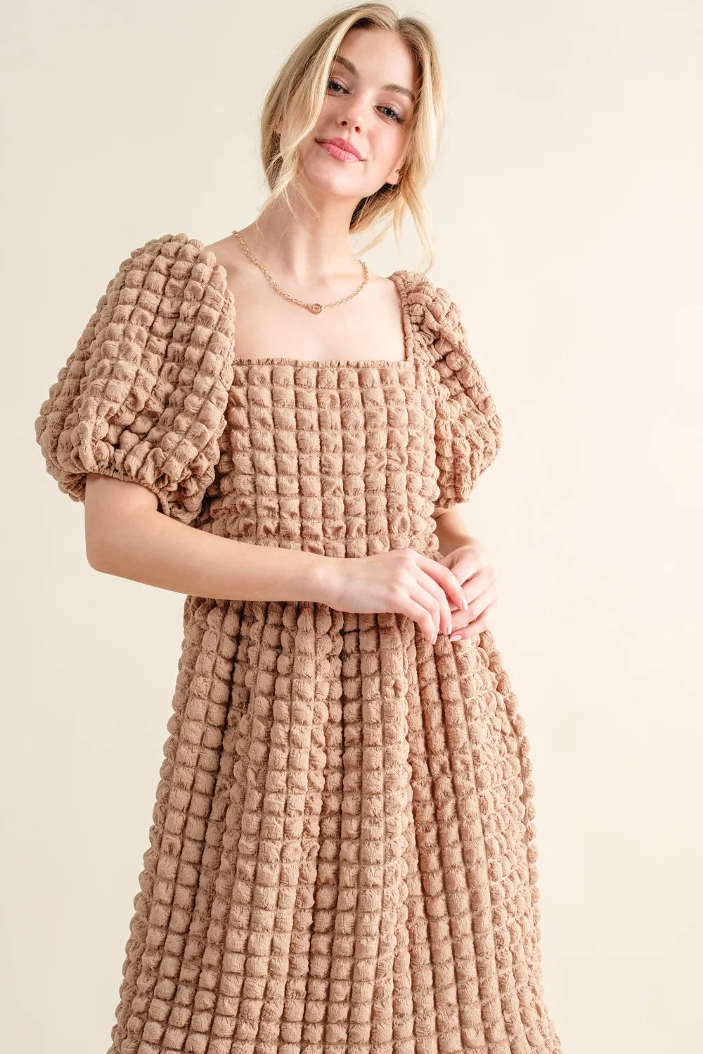 Full Size Square Neck Puff Sleeve Dress in Latte - product view 4
