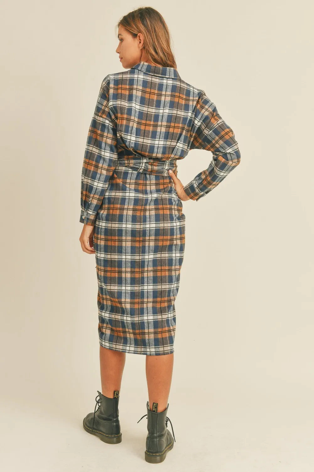Plaid Flannel Front Tie Button Down Shirt Dress in Camel - product view 2