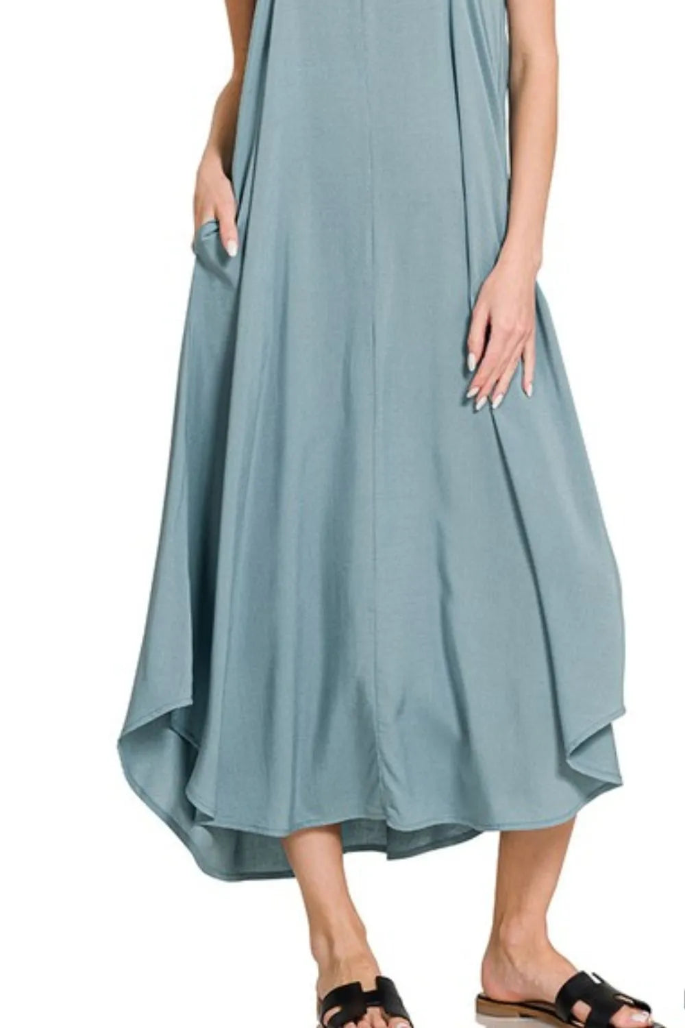 Woven Arc Hem Cami Dress With Flowy Pockets - Blue Grey - product view 3