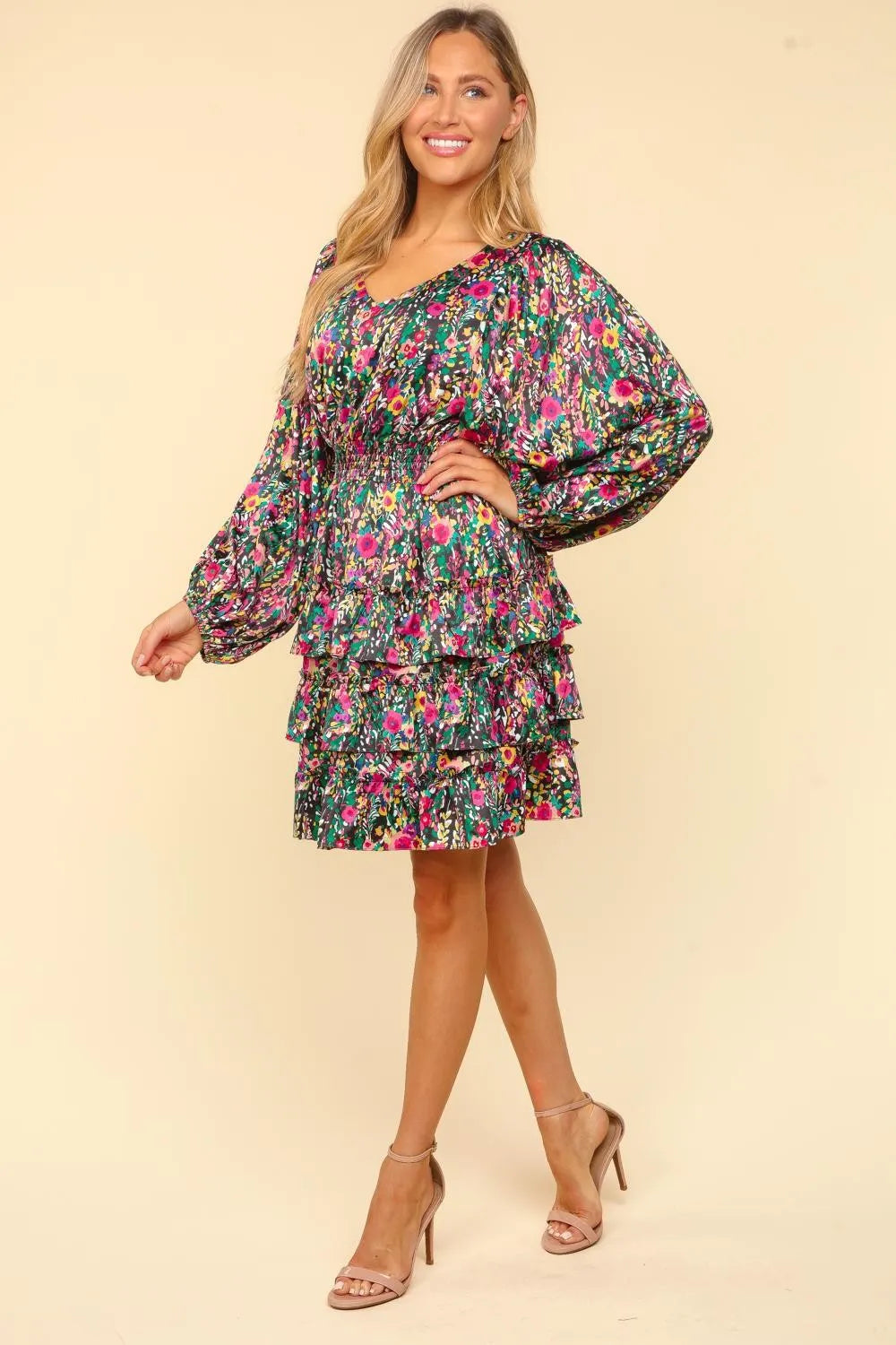 V-Neck Satin Floral Layered Dress in Multi - product view 3