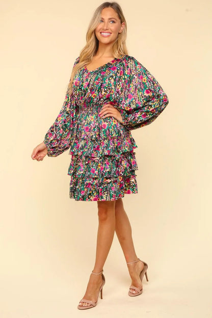 V-Neck Satin Floral Layered Dress in Multi - product view 3