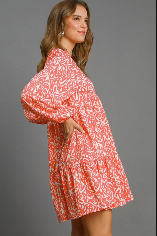 Full Size Two Tone Print Balloon Sleeve Tiered Dress Plus Size in Coral Mix - product view 2