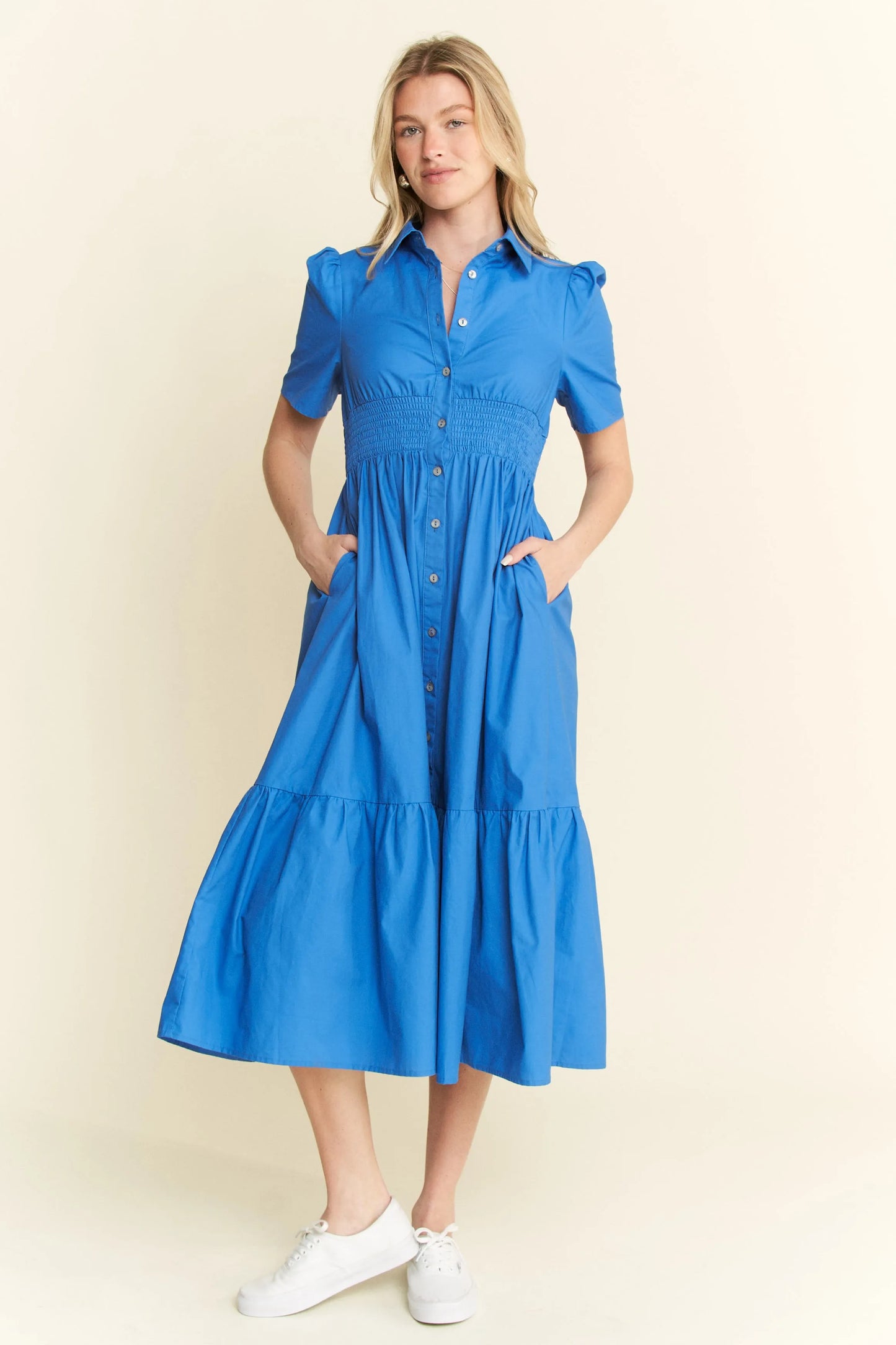 Short Sleeve Button Down Midi Dress in Blue - product view 6