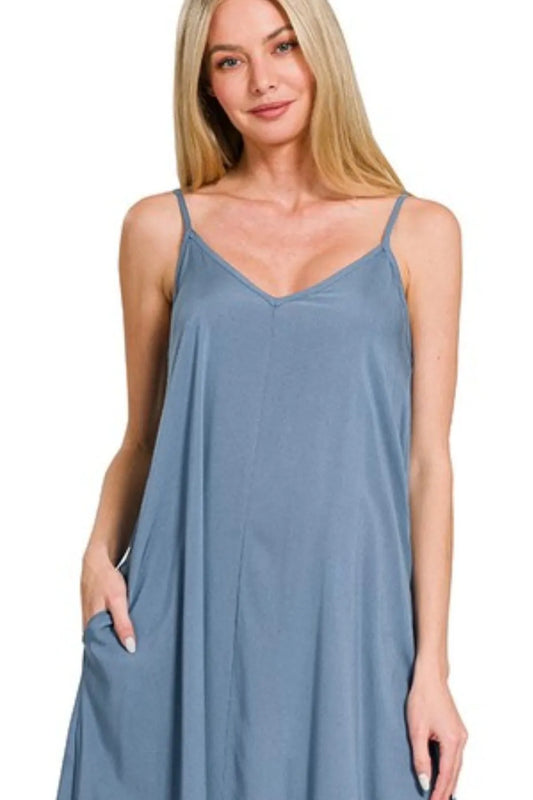Woven Arc Hem Cami Dress With Flowy Pockets - Dusty Blue - product view 2