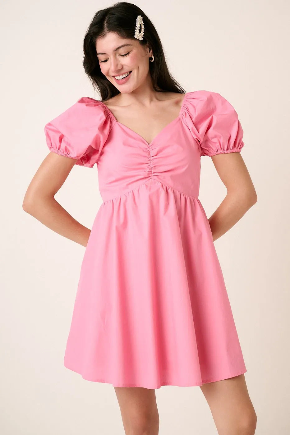 Sweetheart Puff Sleeve Smocked Mini Dress in Pink - product view 1