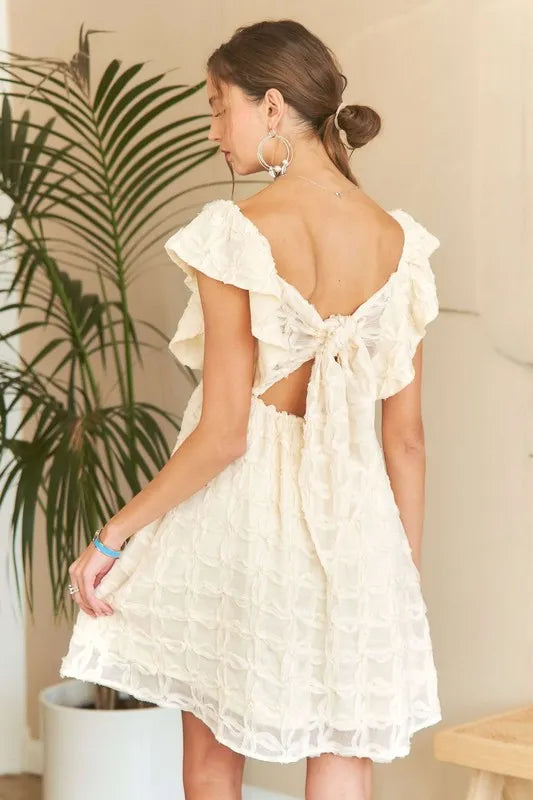 Tie Back V-Neck Ruffle Sleeve Dress in Ivory - product view 5