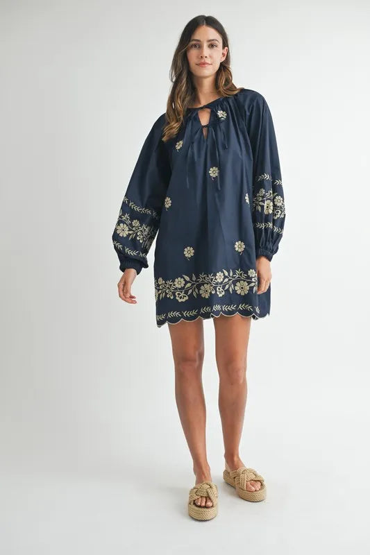 Embroidered Long Sleeve Peasant Mini Dress in Navy - product view 11