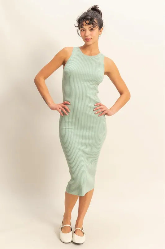 Ribbed Round Neck Sleeveless Knit Midi Dress - Gum Leaf - product view 4