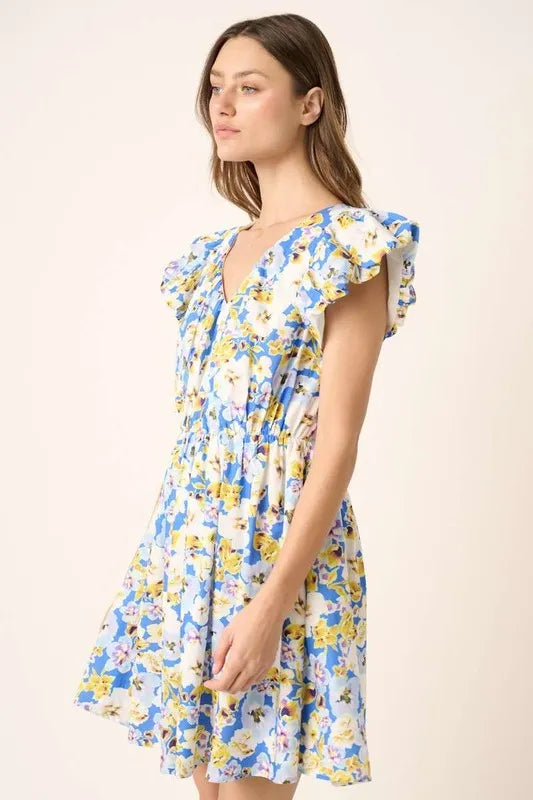 Floral V-Neck Cap Sleeve Mini Dress in Blue - product view 4