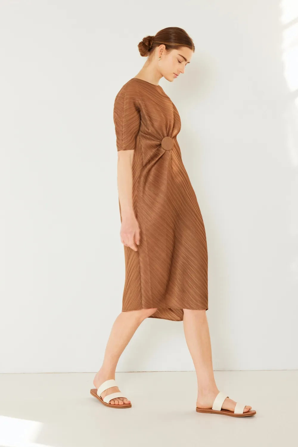 Pleated Dolman Sleeve Dress in Brown Khaki, Deep Orange and more - product view 4