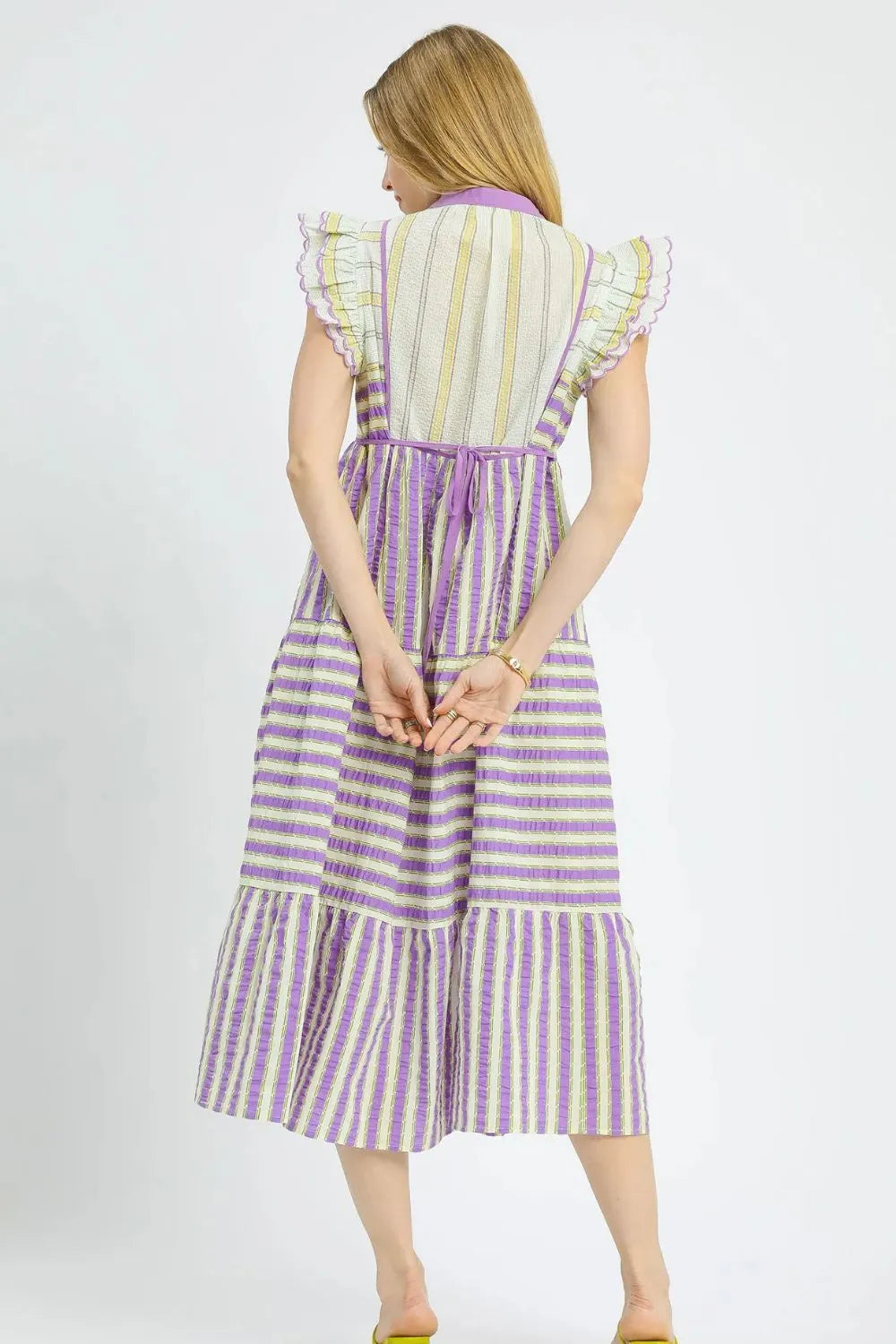 Striped Ruffle Cap Sleeve Midi Dress in Heliotrope Purple - product view 4