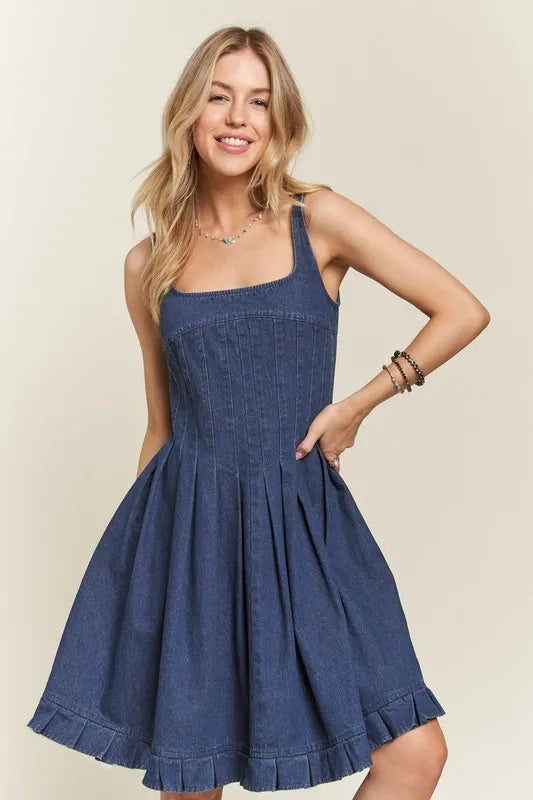 Smocked Back Square Neck Denim Dress in Denim Blue - product view 3