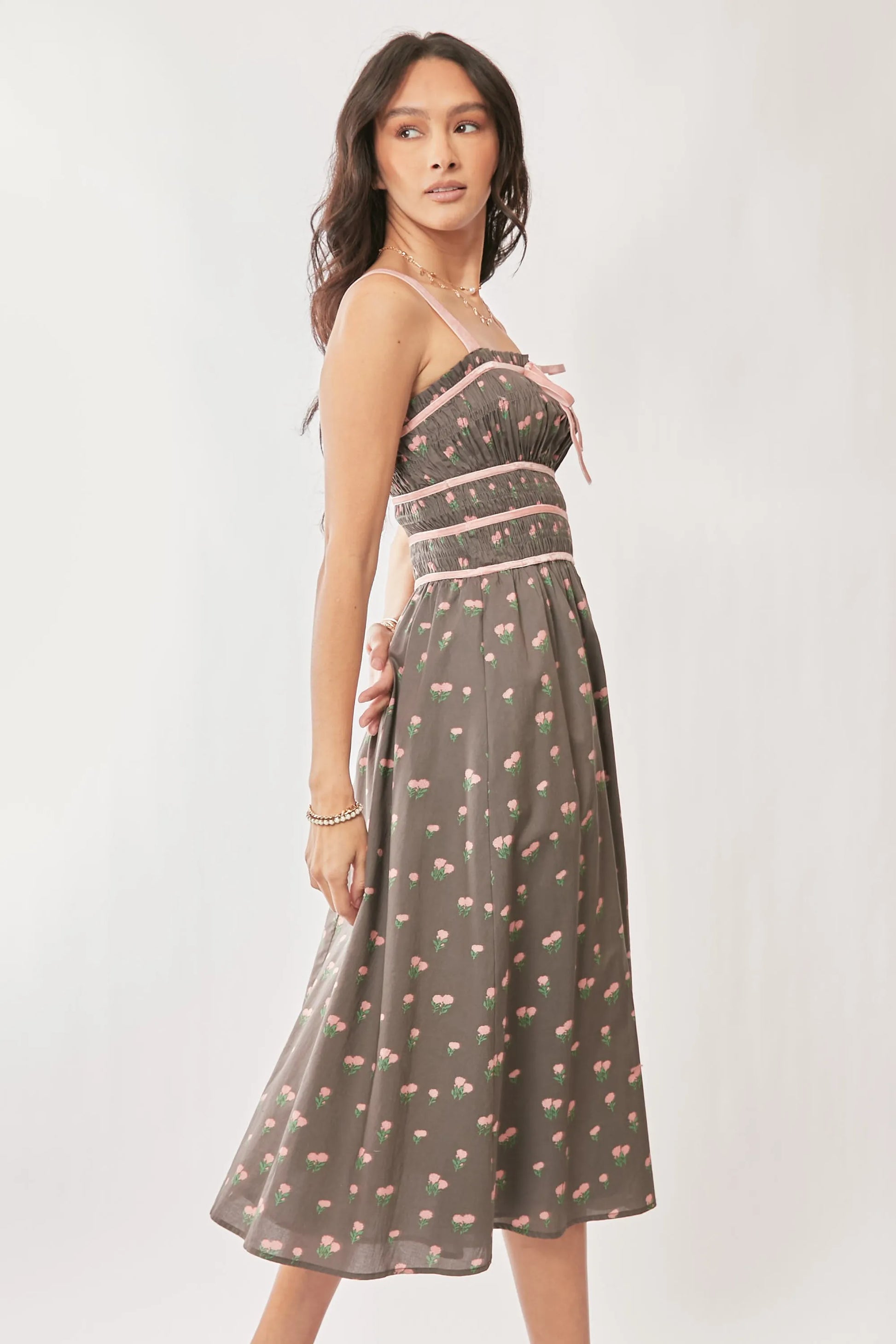 Contrast Velvet Tape Smocking Bodice Midi Dress in Mocha Brown - product view 9